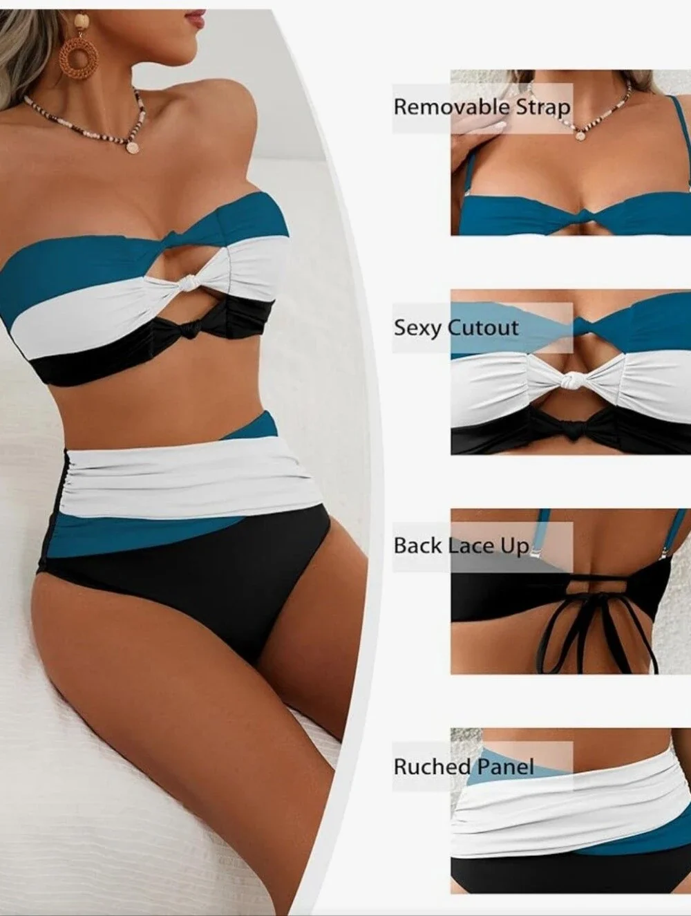 Teal White Black Colorblock Twist Bandeau Bikini - Women Swim. Size L. NWOT